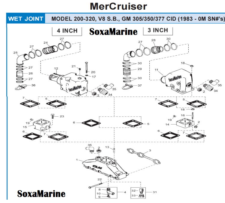 Boat 3 Inch 4 Inch V8 Manifold Exhaust Bellow Repair Kit for Mercury Quicksilver MerCruiser 200 - 320, V8 S.B., GM 305/350/377 CID Wet Joint Stern Drives Marine Engines - SOXA Marine