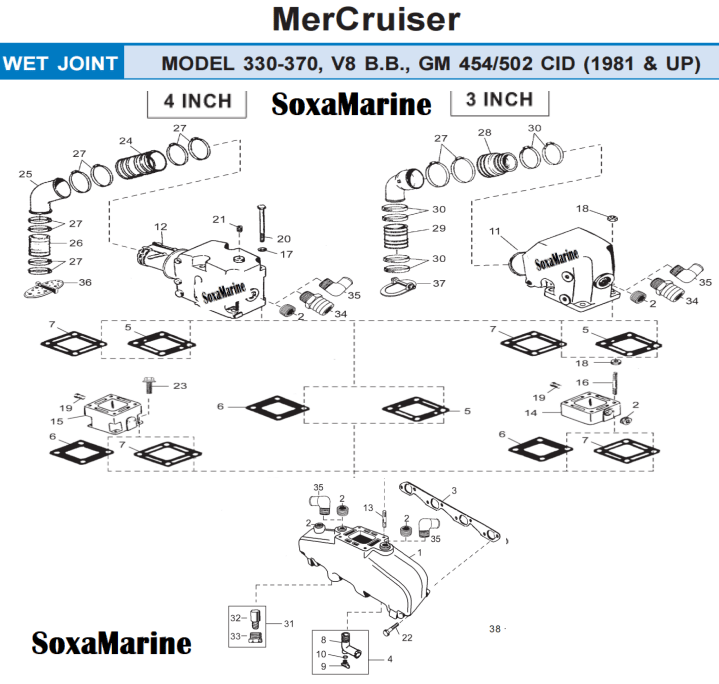 Boat 3 Inch 4 Inch V8 Manifold Exhaust Bellow Repair Kit for Mercury Quicksilver MerCruiser 330 - 370, V8 B.B., GM 454/502 CID Wet Joint Stern Drives Marine Engines - SOXA Marine