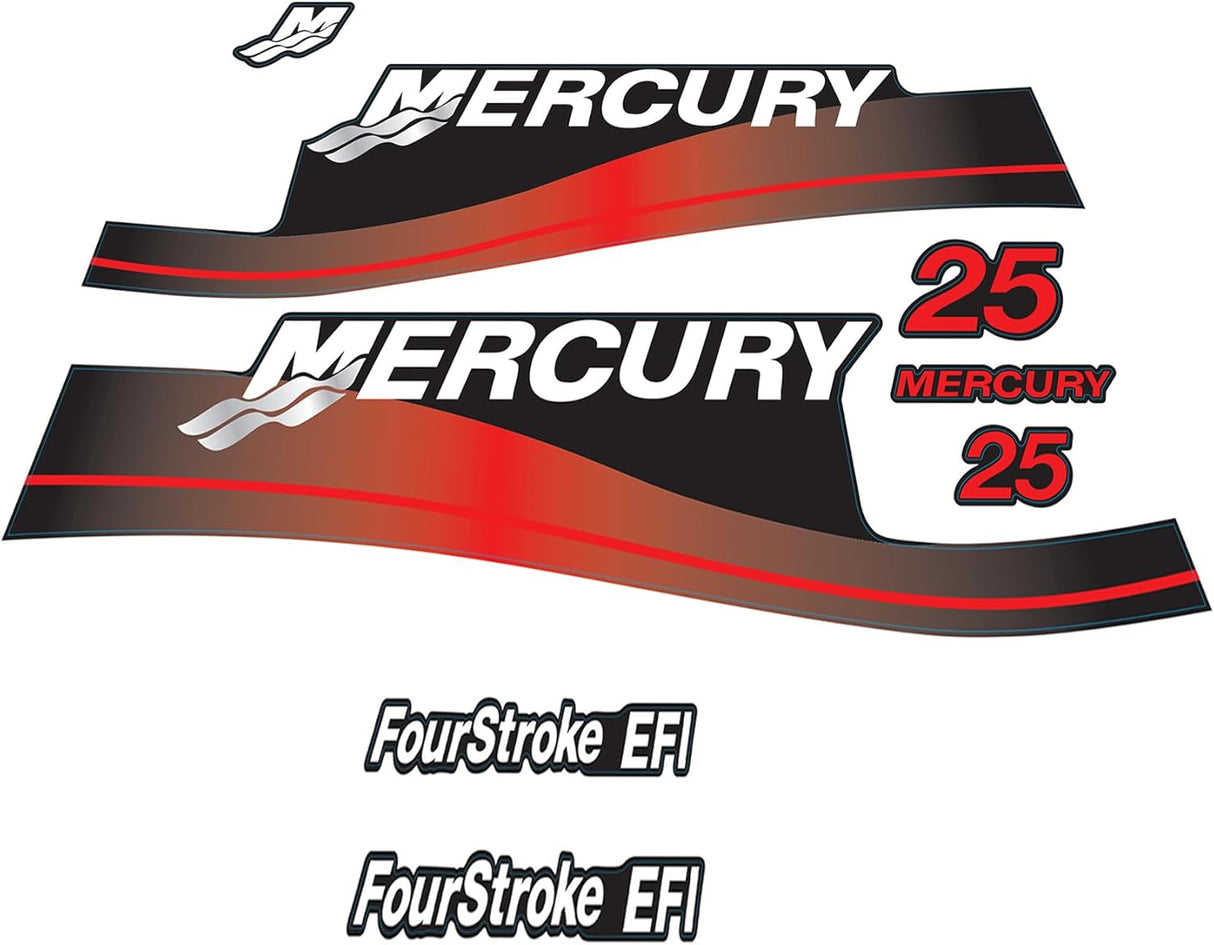 Mercury Marine 25 HP Outboards Motor Top Cowl Cove Decal Sticker Set 811304A00, 854693A00, 808499A00, 897508A02, 854693A05 - SOXA Marine
