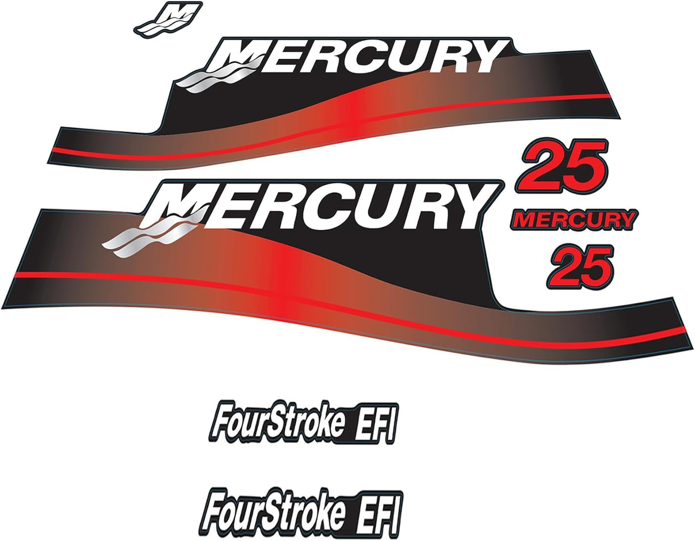 Mercury Marine 25 HP Outboards Motor Top Cowl Cove Decal Sticker Set 811304A00, 854693A00, 808499A00, 897508A02, 854693A05 - SOXA Marine