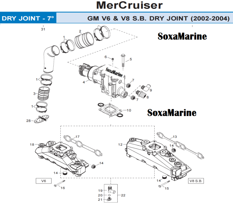 Boat Dry Joint V6 V8 Closed Cooling Manifold Exhaust Bellow Repair Kit for Mercury Quicksilver MerCruiser 7 & 14 Degree GM V6  S.B. Engines