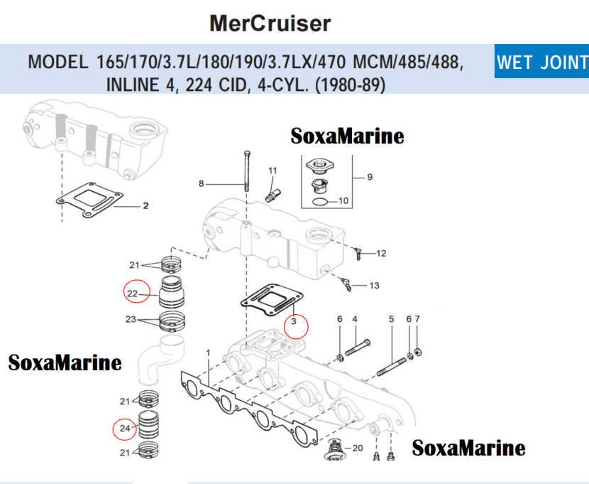 Boat Manifold Exhaust Bellow Repair Kit for Mercury Quicksilver MerCruiser 3.7LX  165-190 470 MCM/485/488 - INLINE 4, 224 CID Wet Joint Stern Drives Marine Engines