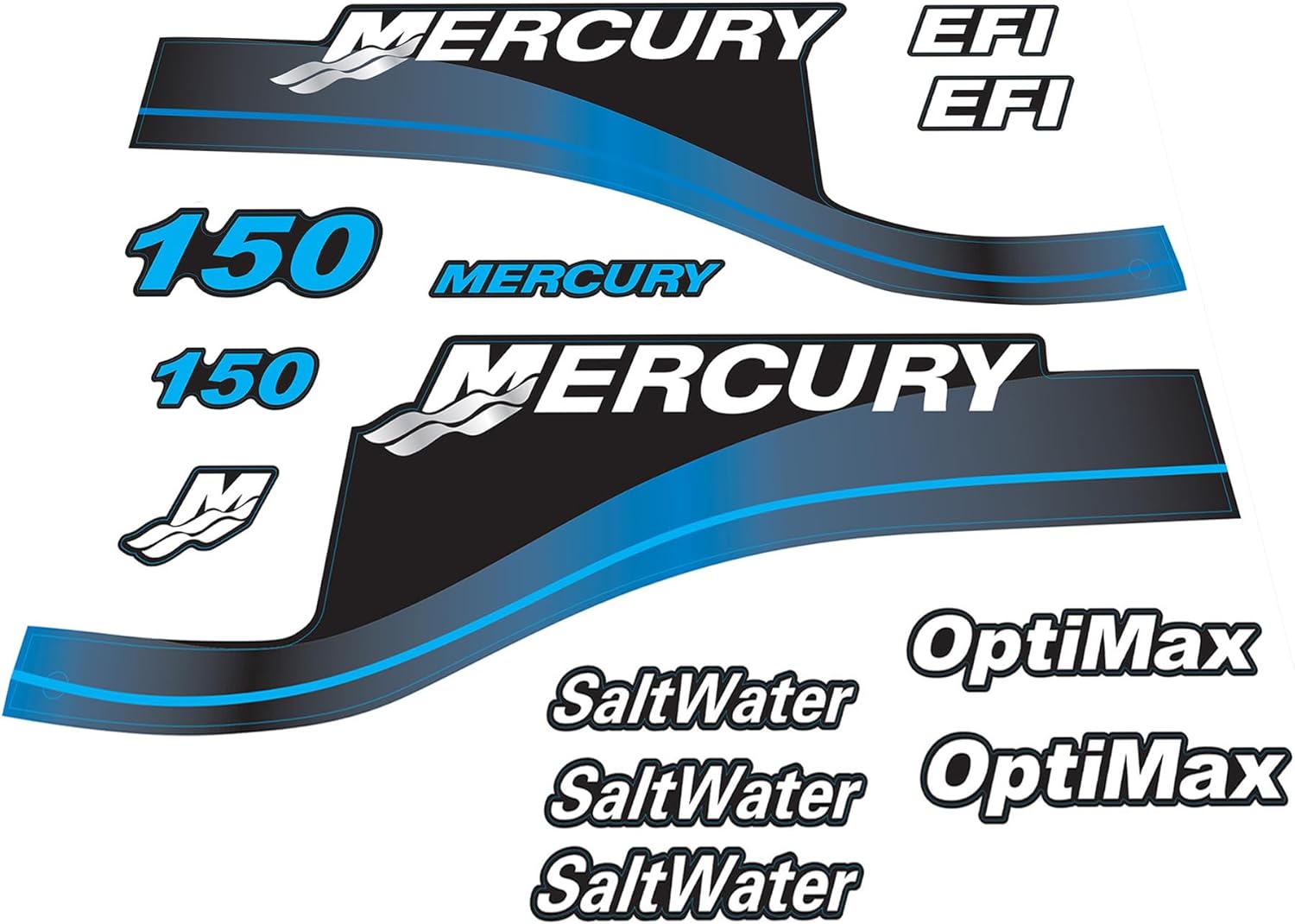 Mercury Marine 150 HP Outboards Motor Top Cowl Cove Decal Sticker Set 854294A00, 808553A00, 808552A00