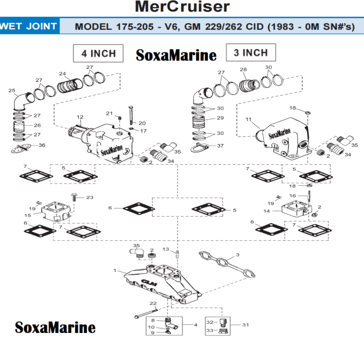 Boat 3 Inch 4 Inch Manifold Exhaust Bellow Repair Kit for Mercury Quicksilver MerCruiser 175 - 205 V6 GM 229/262 CID Wet Joint Stern Drives Marine Engines - SOXA Marine