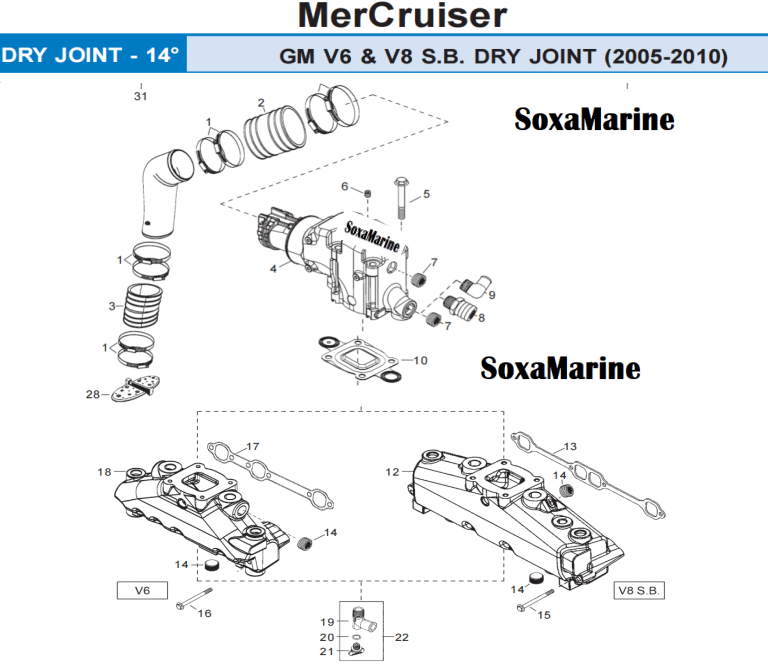 Boat Dry Joint V6 V8 Closed Cooling Manifold Exhaust Bellow Repair Kit for Mercury Quicksilver MerCruiser 7 & 14 Degree GM V6 S.B. Engines - SOXA Marine