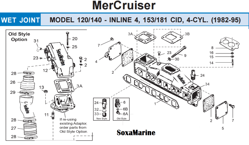 Boat Manifold Exhaust Bellow Repair Kit for Mercury Quicksilver MerCruiser 120 140 Inline 4 153 181 CID Wet Joint Stern Drives Marine Engines - SOXA Marine