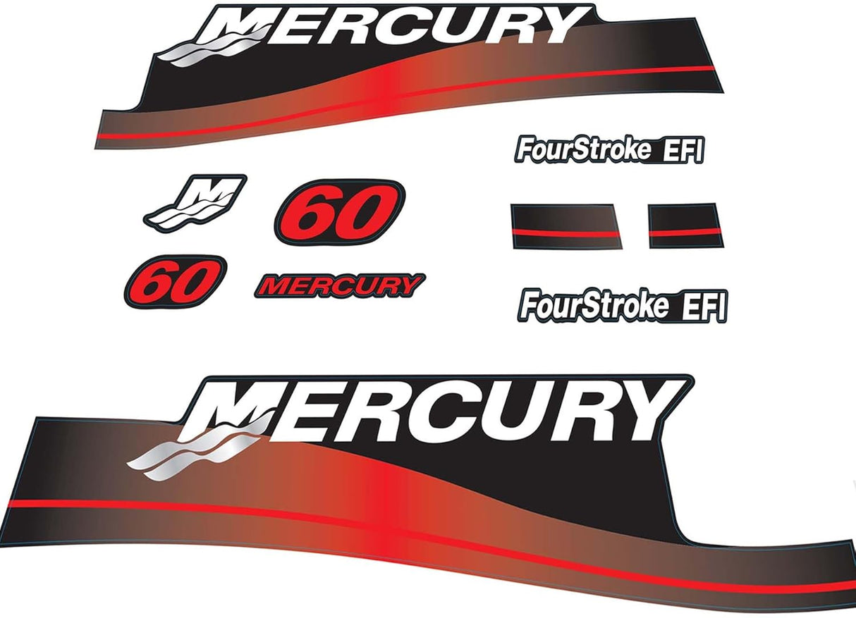 Mercury Marine 60 HP Outboards Motor Top Cowl Cove Decal Sticker Set 879753A01, 826313A01, 883526A02, 804704A00 - SOXA Marine